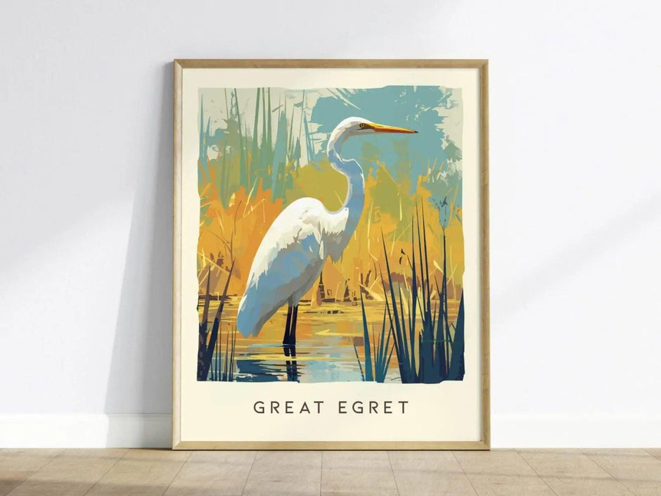 Great Egret, Florida Birds Wildlife Framed Wall Art - Native Bird Nature Poster Design Travel Print Lake Home Beach Cottage Birder Decor Set - Swell Scenes