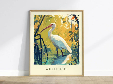 White Ibis Florida bird poster featuring impressionist coastal wetland art with mangrove roots tropical wildlife wall decor