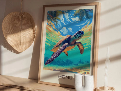 Honu, Hawaiian Green Sea Turtle Framed Wall Art | Hawaii Wildlife Poster Design Print Maui Oahu Kauai Big Island Home Decor Vacation Gift