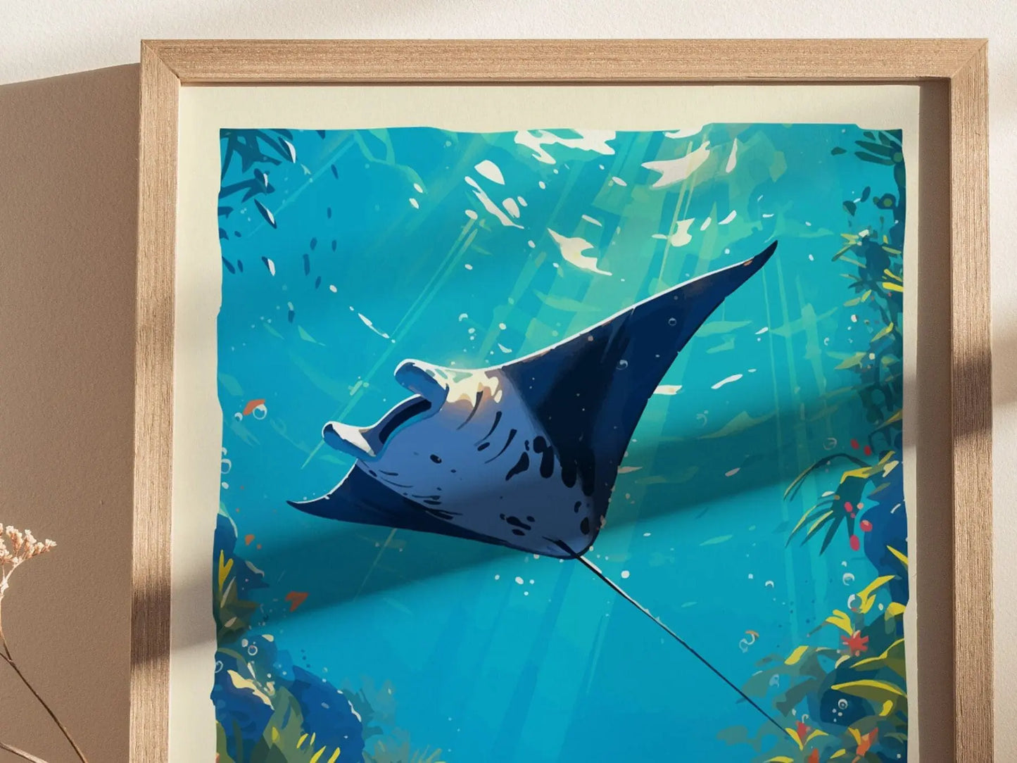 Hahalua, Hawaiian Manta Ray Framed Wall Art | Hawaii Wildlife Poster Design Print Maui Oahu Kauai Big Island Home Decor Vacation Diver Gift