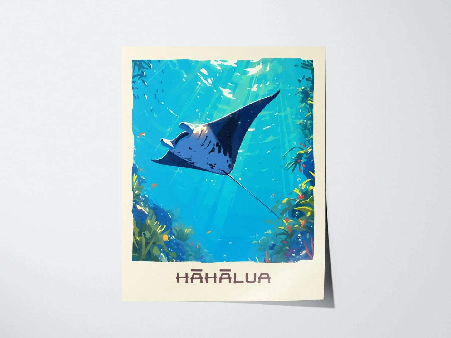 Hahalua, Hawaiian Manta Ray Framed Wall Art | Hawaii Wildlife Poster Design Print Maui Oahu Kauai Big Island Home Decor Vacation Diver Gift