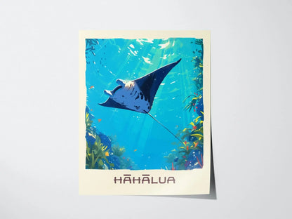 Hahalua, Hawaiian Manta Ray Framed Wall Art | Hawaii Wildlife Poster Design Print Maui Oahu Kauai Big Island Home Decor Vacation Diver Gift