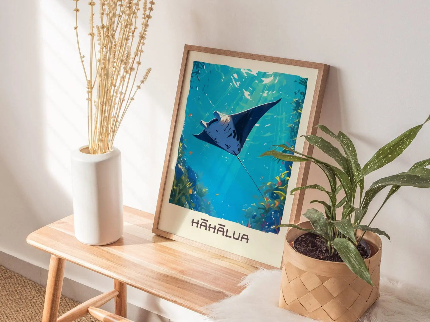 Hahalua, Hawaiian Manta Ray Framed Wall Art | Hawaii Wildlife Poster Design Print Maui Oahu Kauai Big Island Home Decor Vacation Diver Gift