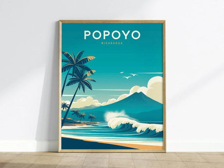 A vibrant poster depicting Popoyo, Nicaragua, showcases stylized waves crashing on a beach with palm trees in the foreground. The background features a majestic volcano under a bright blue sky, capturing the essence of the Pacific coast.