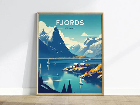 A vibrant poster of Norways fjords features majestic mountains, serene waters, and charming red and white houses along the shore.