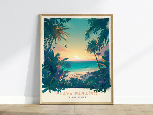 Playa Paraiso Travel Poster, Playa Paraiso Mexico Framed Print, Tulum Mexico Wall Art, Mexico Travel Art, Custom Travel Gift, Airbnb Decor