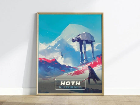 A colorful retro-style poster depicting the icy landscape of Hoth, featuring an AT-AT walker and a figure in a dark cloak against a backdrop of snow-capped mountains and a blue sky.