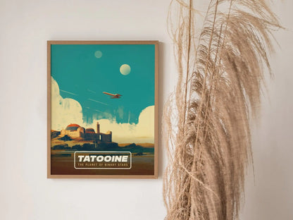 Star Wars Tatooine Travel Poster, Retro Travel Art, Endor, Hoth, Naboo - Tatooine Binary Stars: Star Wars - Retro Galactic Travel Art Decor