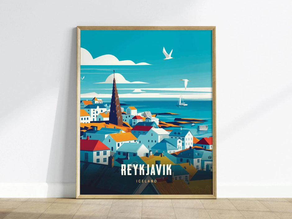 Reykjavík Travel Poster Wall Art, Iceland Reykjavik Poster, Reykjavík Hallgrímskirkja Church, Iceland Travel Print, Reykjavik Travel Decor - Swell Scenes