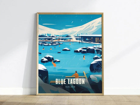 A stylized poster of the Blue Lagoon in Iceland features a serene scene with people enjoying the milky blue geothermal water surrounded by black rocks and snow-capped mountains.