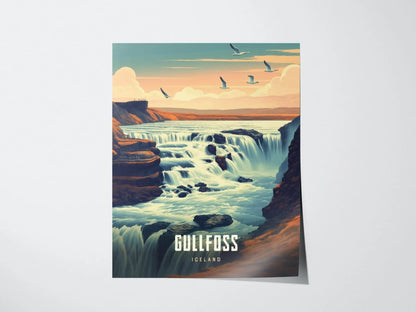 Gullfoss - Iceland&#39;s Golden Falls - Breathtaking Waterfall Escape Travel Poster, Icelandic Souvenir, Iceland Travel Print, Reykjavík Decor