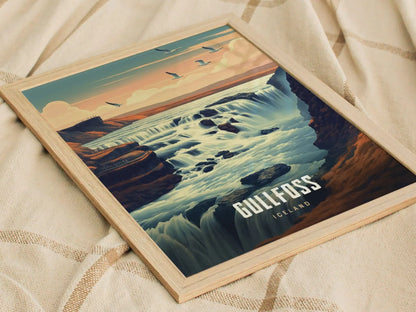 Gullfoss - Iceland&#39;s Golden Falls - Breathtaking Waterfall Escape Travel Poster, Icelandic Souvenir, Iceland Travel Print, Reykjavík Decor