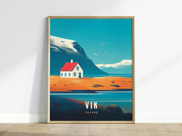 A vibrant illustration of a coastal landscape featuring a white house with a red roof set against a backdrop of mountains and a blue sky.
