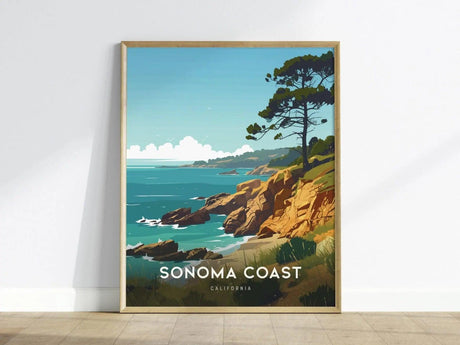 A vibrant travel poster of the Sonoma Coast features a serene landscape with rocky cliffs, a lush green tree, and the tranquil blue Pacific Ocean under a bright sky. The artwork prominently displays the text SONOMA COAST at the bottom.