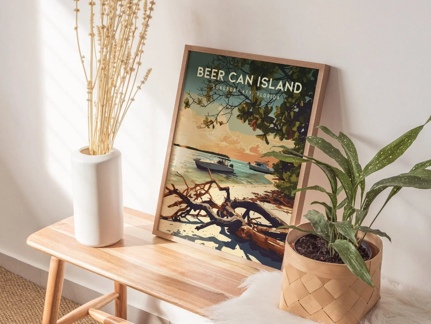 Beer Can Island, Longboat Key, Florida Framed Wall Art - Sarasota Anna Maria Boating Adventure Poster Travel Print Home Office Beach Decor