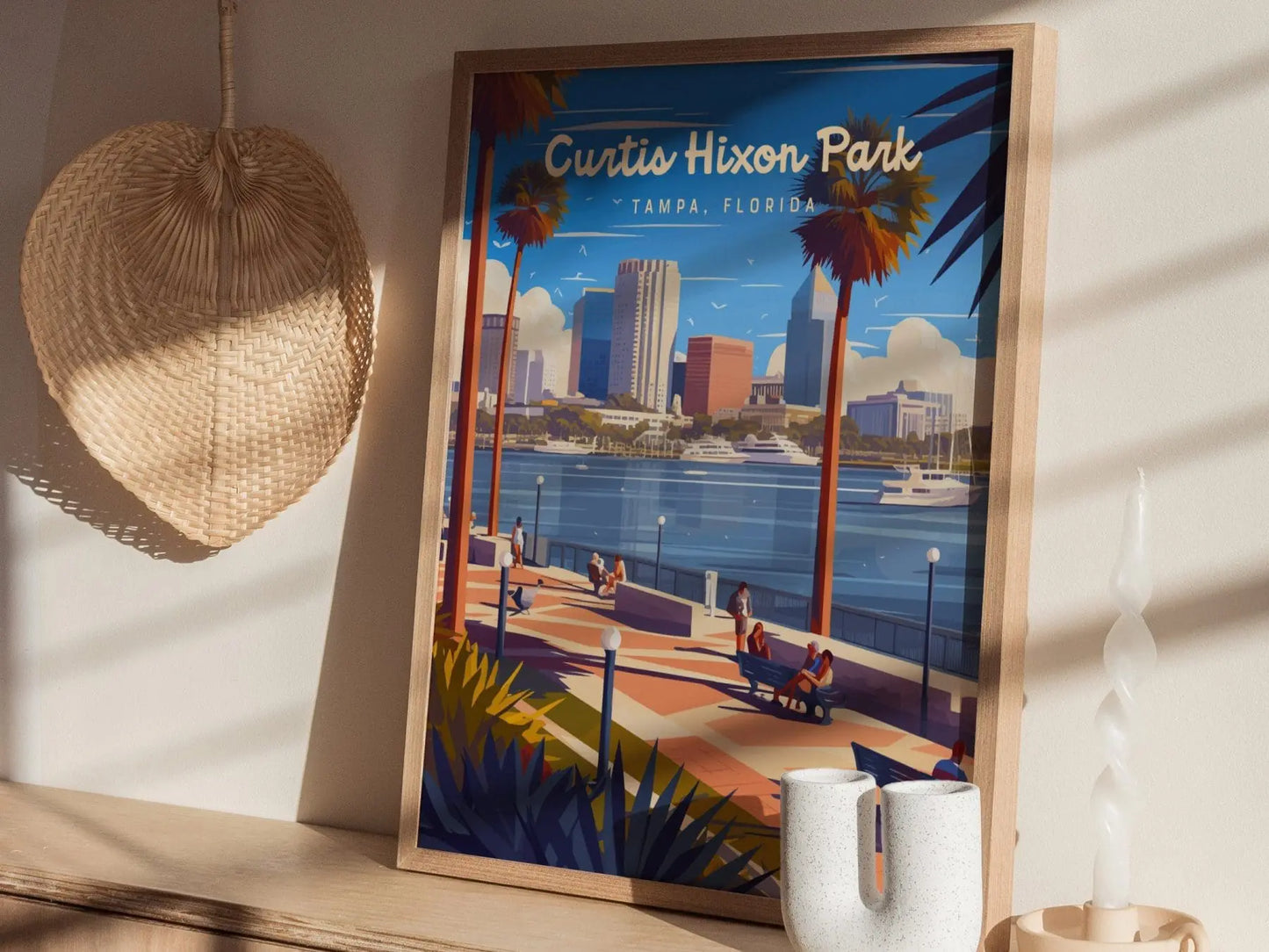 Curtis Hixon Park, Tampa, Florida Framed Wall Art, Downtown Tampa City Hillsborough River Boats Poster Design Travel Print Home Decor Set