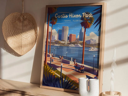 Curtis Hixon Park, Tampa, Florida Framed Wall Art, Downtown Tampa City Hillsborough River Boats Poster Design Travel Print Home Decor Set