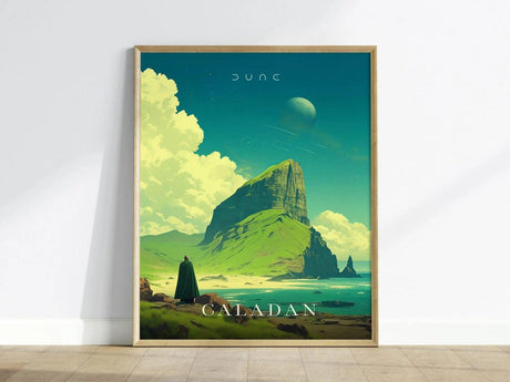 Framed artwork of a mountainous landscape with 'Dunc Caladan' text on a white wall.