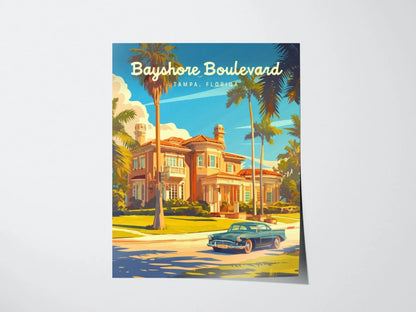 Bayshore Boulevard, Tampa, Florida Framed Wall Art, Hillsborough Bay Mansion Real Estate Poster Design Travel Print Beach Home Decor Set