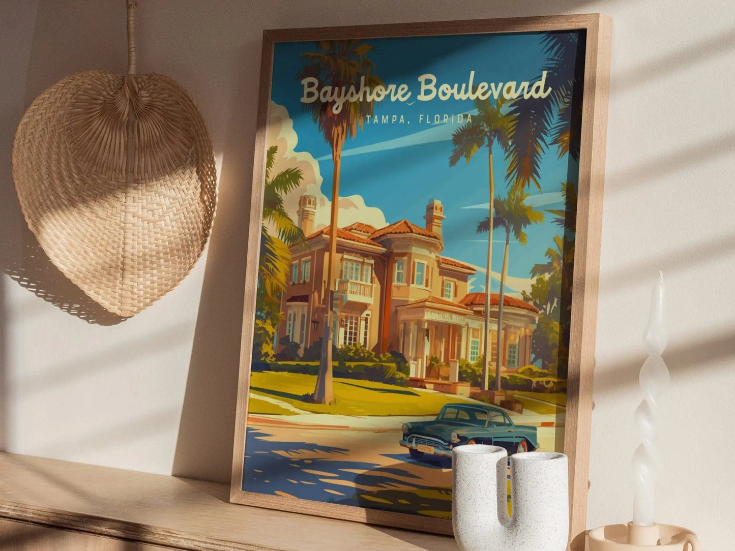 Bayshore Boulevard, Tampa, Florida Framed Wall Art, Hillsborough Bay Mansion Real Estate Poster Design Travel Print Beach Home Decor Set