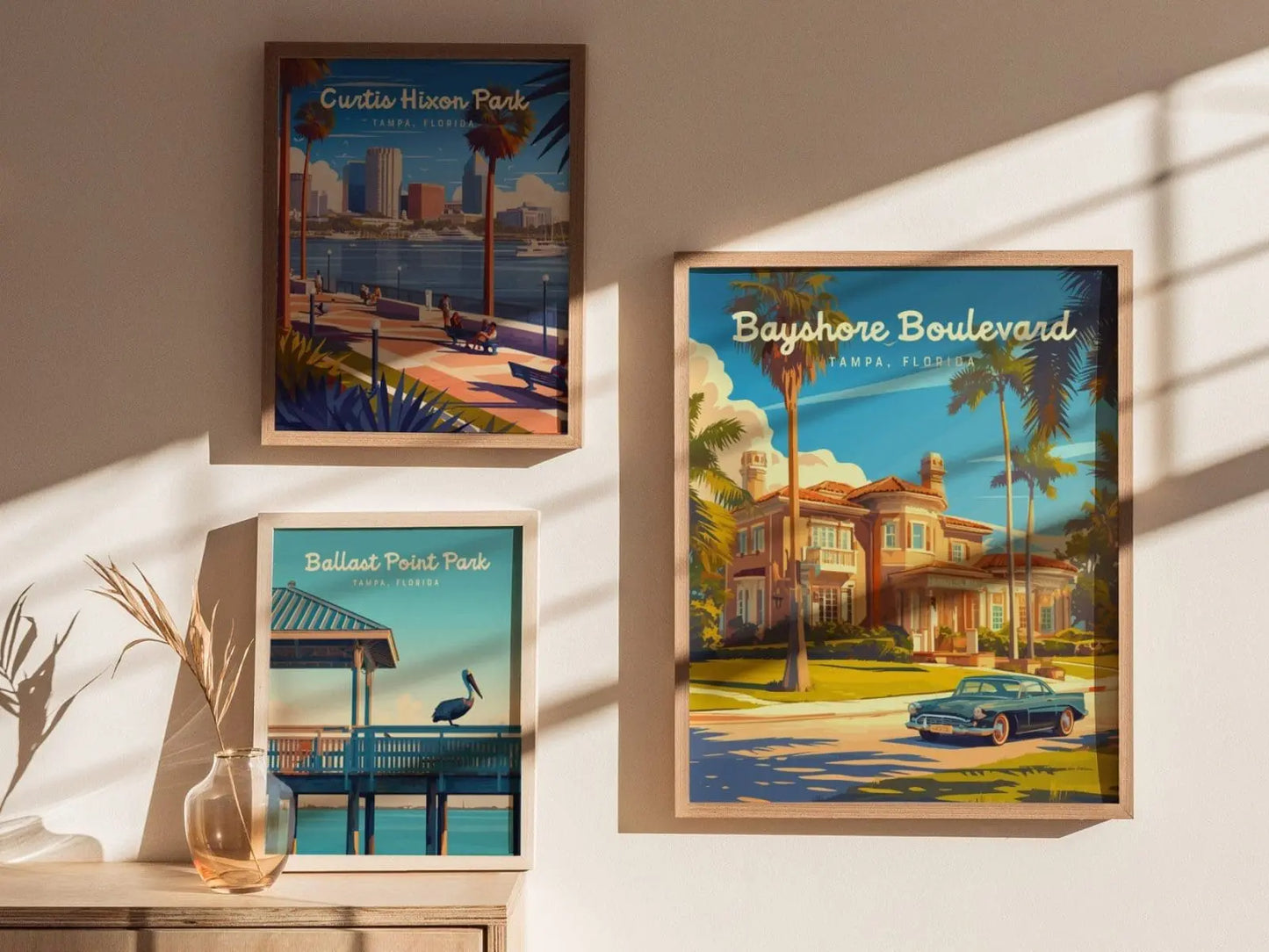 Bayshore Boulevard, Tampa, Florida Framed Wall Art, Hillsborough Bay Mansion Real Estate Poster Design Travel Print Beach Home Decor Set