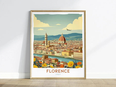 A colorful poster of Florence, Italy, featuring a panoramic view of the city with its iconic dome and bell tower. The artwork is framed and adorned with vibrant flowers at the bottom, capturing the charm of this Renaissance city.