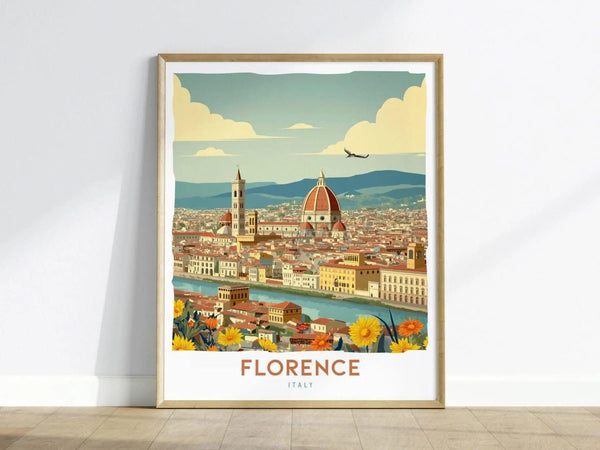 A colorful poster of Florence, Italy, featuring a panoramic view of the city with its iconic dome and bell tower. The artwork is framed and adorned with vibrant flowers at the bottom, capturing the charm of this Renaissance city.