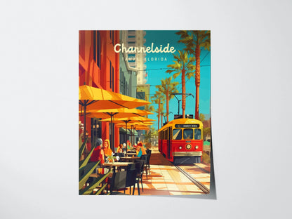 Channelside, Tampa, Florida Framed Wall Art, Downtown Tampa Bay District Trolley Design Travel Print Urban Central FL Home Decor Set