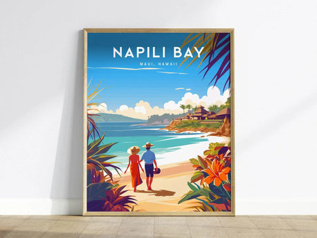 A vibrant poster depicting two people walking hand-in-hand along the sandy shoreline of Napili Bay, Maui. Lush tropical foliage frames the scene, with clear blue water and a sunny sky, capturing the serene beauty of the beach.