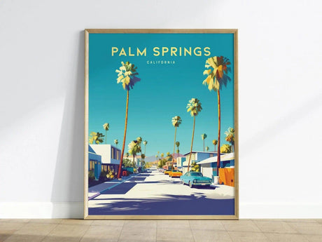 Palm Springs California poster with palm trees and San Jacinto Mountains backdrop