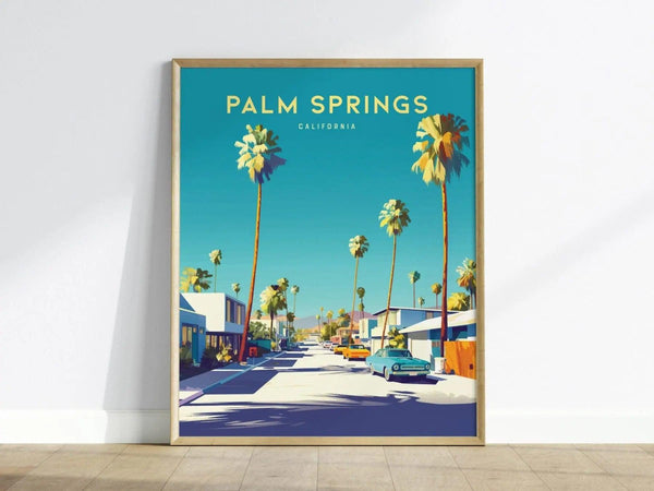 Palm Springs California poster with palm trees and San Jacinto Mountains backdrop
