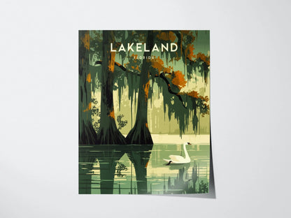 Lakeland, Florida Framed Wall Art - Lake Hollingsworth Mirror Swan Cypress Trees Poster Design Travel Print Collection Home Office Decor