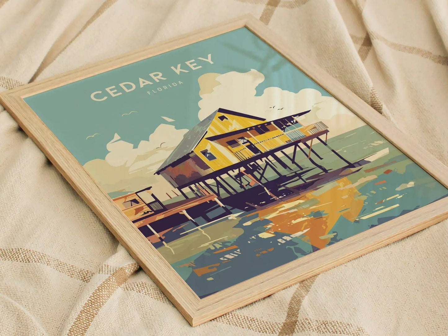 Cedar Key, Florida Framed Wall Art - Old Florida Fishing Town Poster Design Travel Print Collection Home Office Beach Island Decor