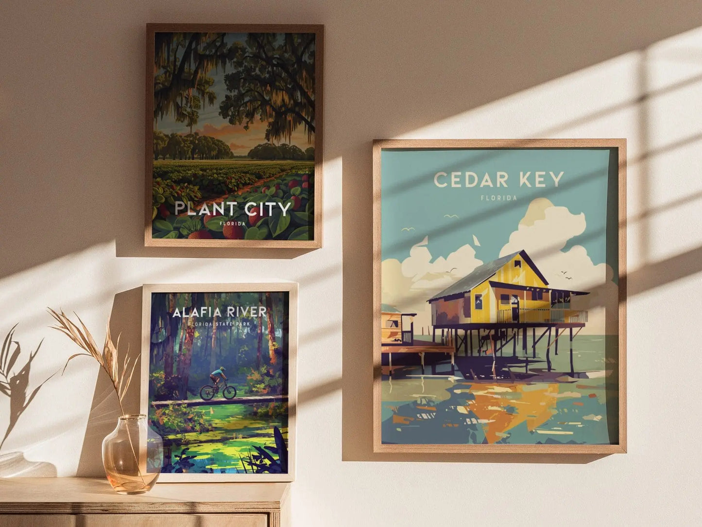 Cedar Key, Florida Framed Wall Art - Old Florida Fishing Town Poster Design Travel Print Collection Home Office Beach Island Decor