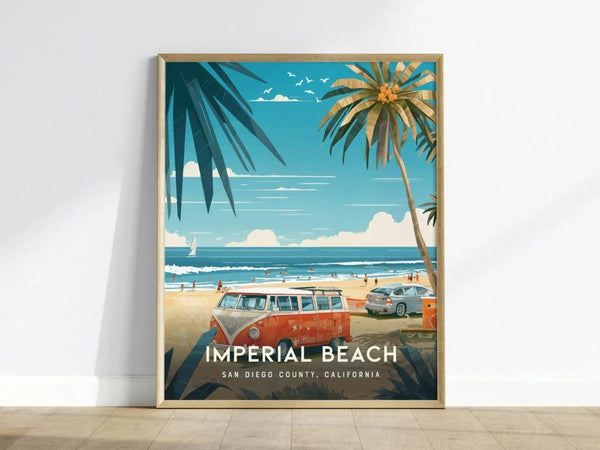 A vibrant poster of Imperial Beach, California, featuring a classic red Volkswagen van parked on the sandy beach, surrounded by tall palm trees and a clear blue sky.