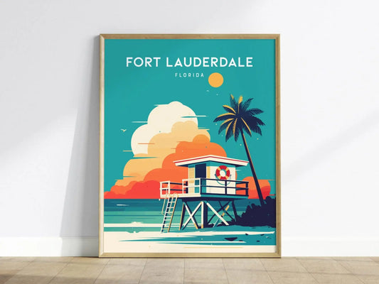 Fort Lauderdale, Florida Framed Wall Art - Beach House Ocean Lifeguard Minimal Poster Design Travel Print Tropical Palm Tree Home Decor Set