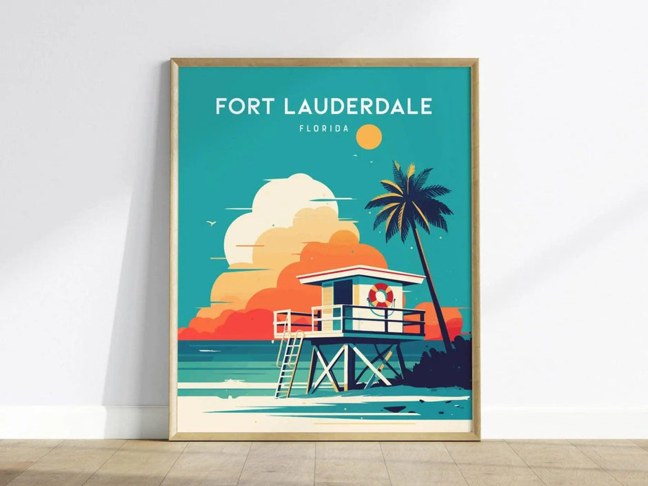 Fort Lauderdale, Florida Framed Wall Art - Beach House Ocean Lifeguard Minimal Poster Design Travel Print Tropical Palm Tree Home Decor Set - Swell Scenes