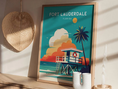 Fort Lauderdale, Florida Framed Wall Art - Beach House Ocean Lifeguard Minimal Poster Design Travel Print Tropical Palm Tree Home Decor Set