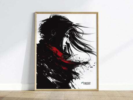 A dramatic monochrome poster features a stylized profile of a character with long, flowing hair and a red cloak, surrounded by bold black ink strokes.