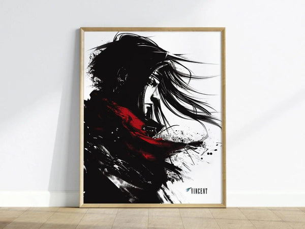 A dramatic monochrome poster features a stylized profile of a character with long, flowing hair and a red cloak, surrounded by bold black ink strokes.