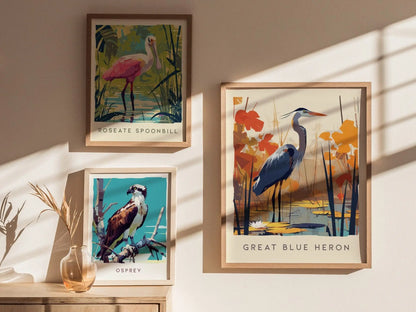 Great Blue Heron, Florida Birds Wildlife Framed Wall Art - Egret Bird Poster Design Travel Print Lake Home Beach Cottage Birder Decor Set