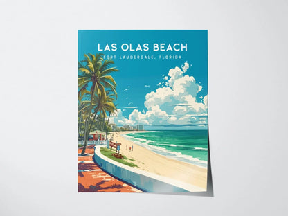 Las Olas Beach, Fort Lauderdale, Florida Framed Wall Art - Beach House Minimal Poster Design Travel Print Tropical Palm Tree Home Decor Set