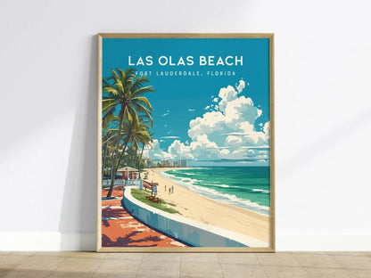 Las Olas Beach, Fort Lauderdale, Florida Framed Wall Art - Beach House Minimal Poster Design Travel Print Tropical Palm Tree Home Decor Set