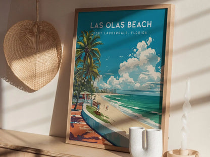 Las Olas Beach, Fort Lauderdale, Florida Framed Wall Art - Beach House Minimal Poster Design Travel Print Tropical Palm Tree Home Decor Set