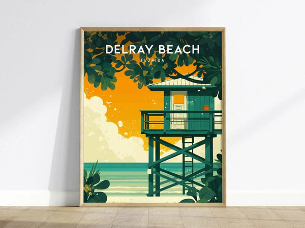 A vibrant Delray Beach poster showcases a classic wooden lifeguard stand against a backdrop of a sunset, with rich orange and green hues. Lush foliage surrounds the stand, capturing the essence of South Florida’s coastal charm.