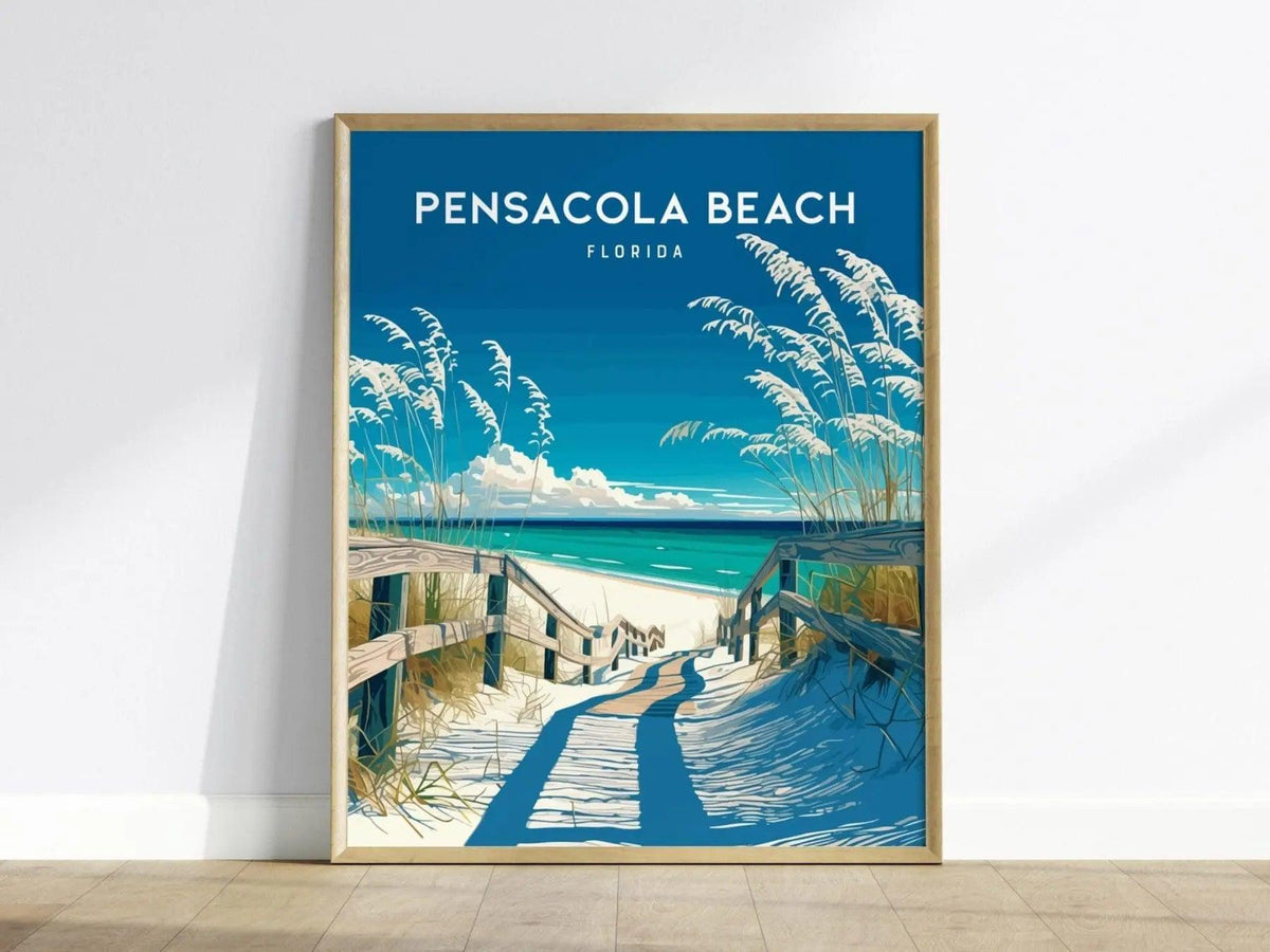 Pensacola Beach, Florida Framed Wall Art - FL Panhandle Beach House Minimal Poster Design Travel Print Sea Oats Boardwalk Home Decor Set - Swell Scenes