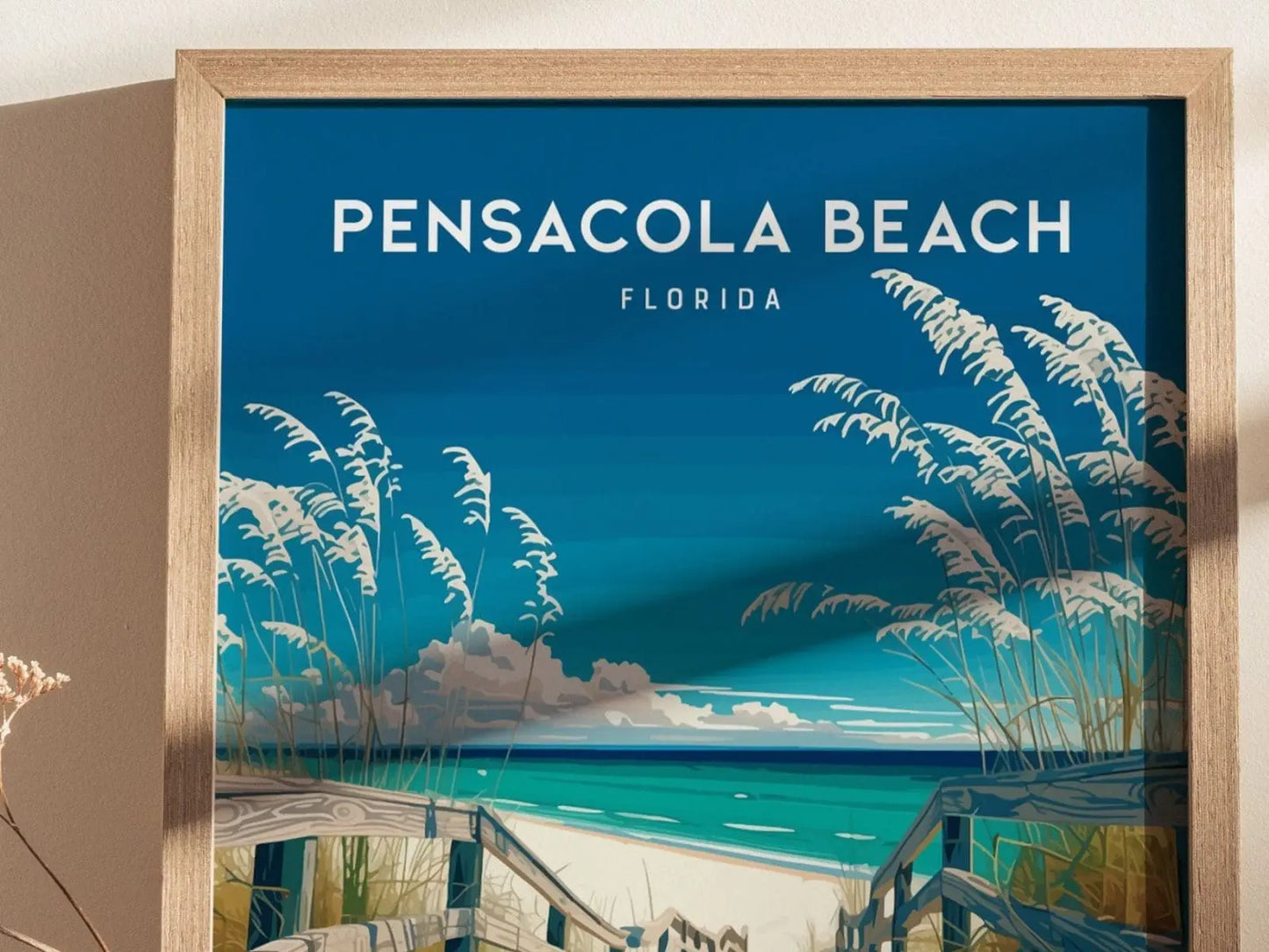 Pensacola Beach, Florida Framed Wall Art - FL Panhandle Beach House Minimal Poster Design Travel Print Sea Oats Boardwalk Home Decor Set