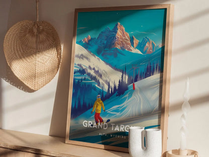 Grand Targhee Resort&#39;s Thrill: Snowboarder and Ski Paradise, Alta Wyoming, Framed, Alpine Adventure, Snowboarding Poster & Travel Gift Decor