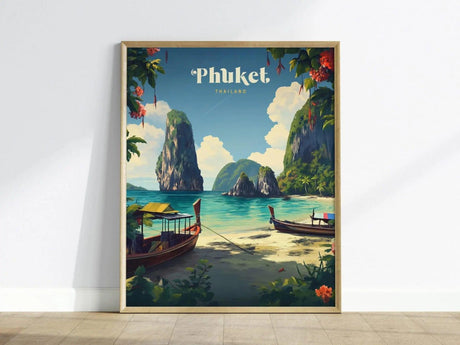 Phuket Thailand poster in modern minimalist coastal style for travel wall art