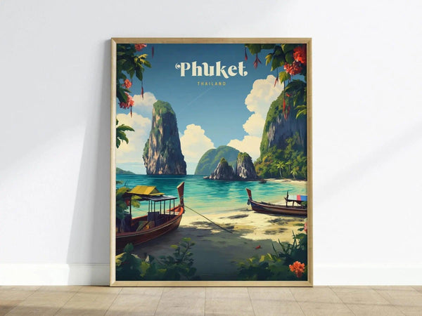 Phuket Thailand poster in modern minimalist coastal style for travel wall art
